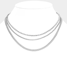 Silver Dipped Rhinestone Metal Chain Layered Necklace