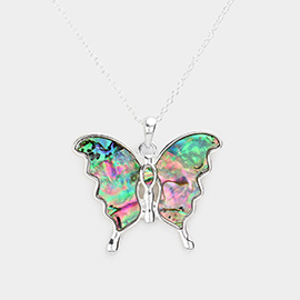 Abalone Embossed Metal Butterfly Pendant Necklace