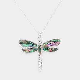 Abalone Embossed Metal Dragonfly Pendant Necklace