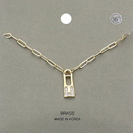 Brass Metal Stone Paved Lock Pendant Necklace