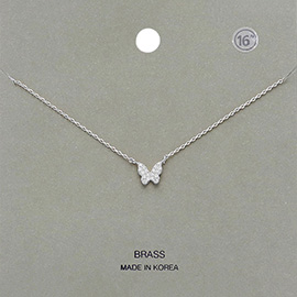 Brass Metal Stone Paved Butterfly Pendant Necklace