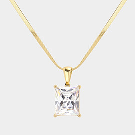 18K Gold Dipped Stainless Steel CZ Rectangle Pendant Necklace