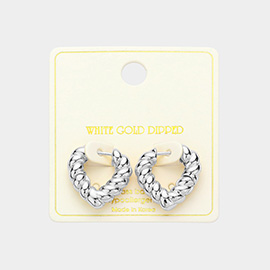 White Gold Dipped Twisted Heart Huggie Earrings