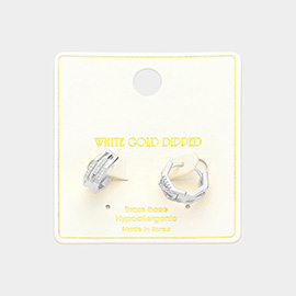 White Gold Dipped Stone Paved Duo Octagon Huggie Hoop Earrings