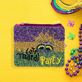 LETS MARDI PARTY Message Mardi Gras Mask Seed Beaded Mini Pouch Bag