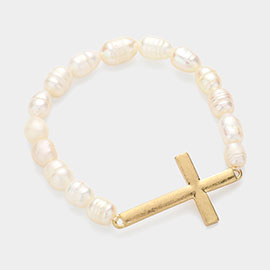 Metal Cross Pearl Stretch Bracelet