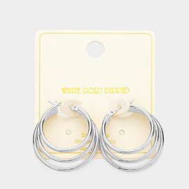 White Gold Dipped Triple Hoop Pin Catch Earrings
