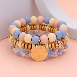 3PCS - Wood Faceted Beaded Hammered Metal Disc Charm Stretch Multi Layered Bracelets