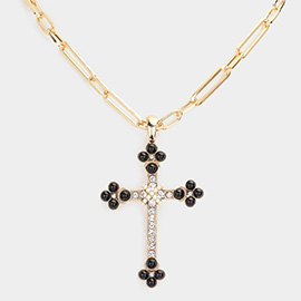 Round Stone Accented Stone Paved Cross Pendant Necklace