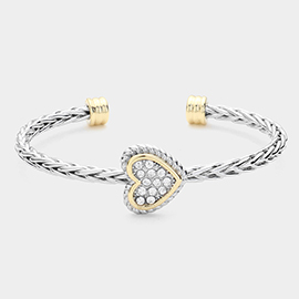 Stone Paved Heart Accented Braided Metal Cuff Bracelet