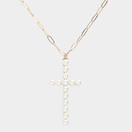 Pearl Embellished Cross Pendant Necklace