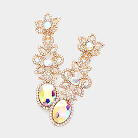Oval Crystal Stone Pointed Flower Evening Earrings
