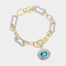 Oval Stone Pointed Charm Two Tone Textured Metal Link Toggle Bracelet