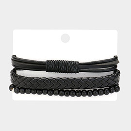 3PCS - Unisex Wax Rope Genuine Leather Braided Adjustable Bracelet Wood Beaded Stretch Bracelet Set