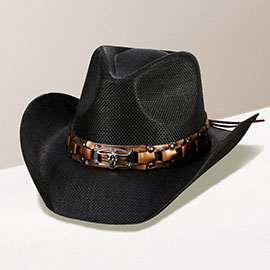 Steer Head Accented Faux Leather Band Straw Cowboy Hat