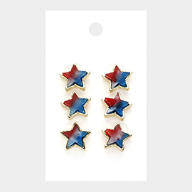 3PAIRS - American USA Flag Theme Druzy Star Stud Earrings Set