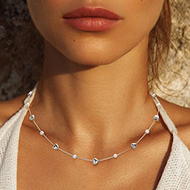 Metal Heart Pearl Bead Station Necklace
