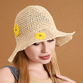 Raffia Flower Pointed Bucket Hat