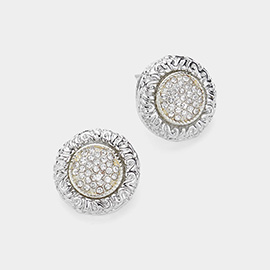 14K Gold Plated Stone Paved Two Tone Circle Stud Earrings