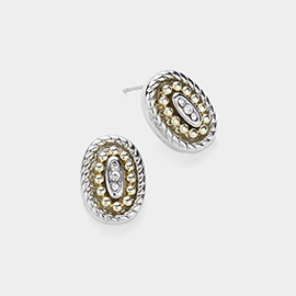 14K Gold Plated Stone Paved Two Tone Oval Stud Earrings