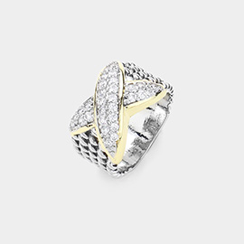 CZ Stone Paved Crisscross Pointed Two Tone Ring