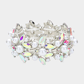 Pearl Embellished Marquise Stone Leaf Stretch Evening Bracelet