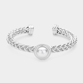 Pearl Pointed Textured Metal Cuff Bracelet