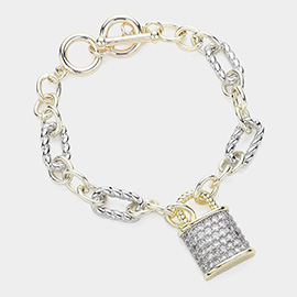 CZ Stone Paved Lock Charm Pointed Two Tone Link Toggle Bracelet