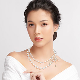 Metal Chain Bow Pointed Double Layered Pearl Necklace