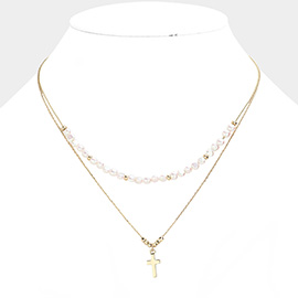 Pearl Beaded Pointed Cross Pendant Double Layered Necklace