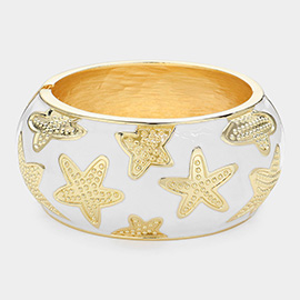 Textured Metal Starfish Embellished Chunky Hinged Bangle Bracelet