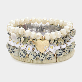 5PCS - Metal Heart Charm Pointed Natural Stone Heishi Beads Faceted Beads Heart Pointed Beads Stretch Multi Layered Bracelets