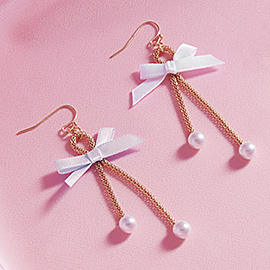 Bow Pointed Pearl Tip Dropdown Dangle Earrings