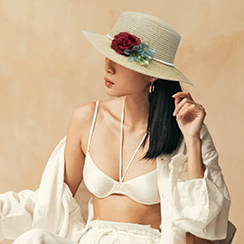 Pearl Band Rose Corsage Pointed Raffia Sun Hat