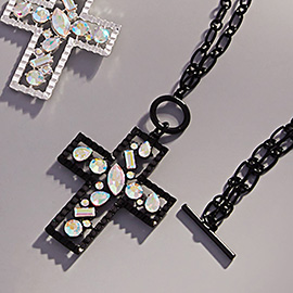 Stone Embellished Cross Pendant Toggle Necklace