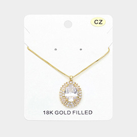 18K Gold Filled Oval CZ Stone Pointed Pendant Necklace