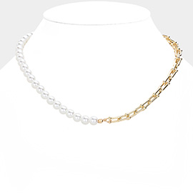 Pearl Beaded Pointed Metal Hardware Link Necklace