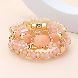 4PCS - Natural Stone Pointed Faceted Beads Metal Ball Beaded Stretch Multi Layered Bracelets