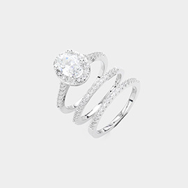 3PCS - Brass CZ Oval Stone Accented Halo Ring and Wedding Bands