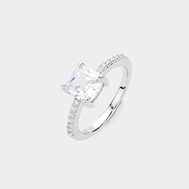 18K White Gold Plated Square CZ Stone Cushion Accented Halo Ring