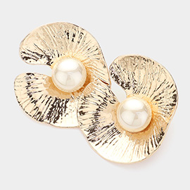 Pearl Pointed Textured Metal Flower Clip On Earrings
