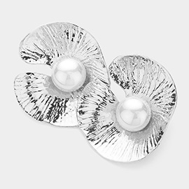 Pearl Pointed Textured Metal Flower Clip On Earrings