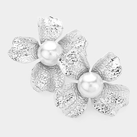 Pearl Pointed Textured Flower Clip On Earrings