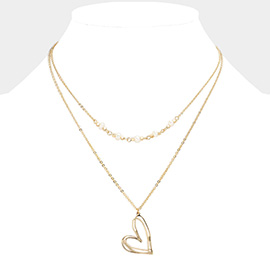 Pearl Pointed Metal Heart Pendant Double Layered Necklace