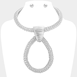 Textured Metal Oversized Open Teardrop Pendant Statement Necklace