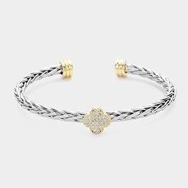 Stone Paved Quatrefoil Pointed Two Tone Textured Braided Metal Cuff Bracelet