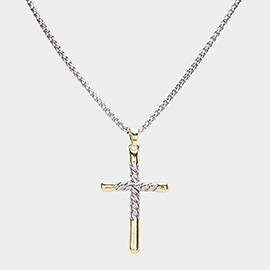 14K Gold Plated Two Tone Textured Cross Pendant Necklace