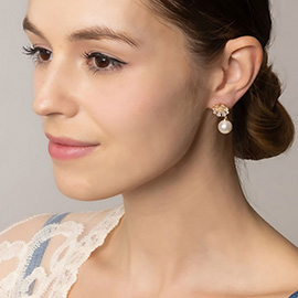 14K Gold Dipped Flower Crystal Top Pearl Earrings