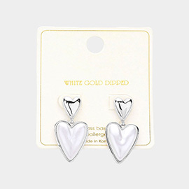 White Gold Dipped Duo Loving Heart Dangle Earrings