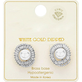 White Gold Dipped CZ Stone Paved Brilliance Pearl Stud Earrings